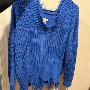 Main Strip Royal Blue Frayed V-Neck Sweater